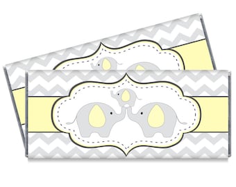 Yellow and Gray Elephant Baby Shower Candy Bar Wrappers - Chevron Elephant Baby Shower Favors