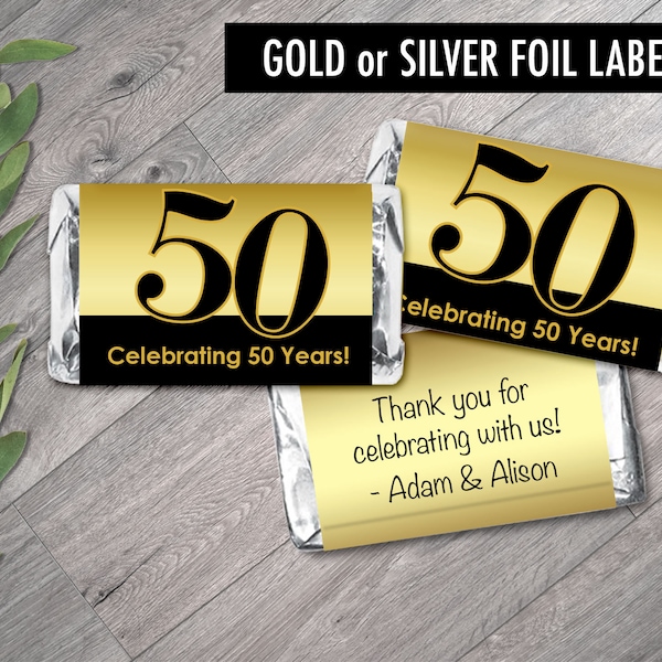 50th, Any Year - Gold or Silver Anniversary Mini Candy Bar Labels - 50th Anniversary Favors - Personalized Silver or Gold Foil - Set of 42