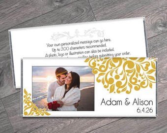 Any Color, Wedding Candy Bar Wrappers with Photo - Floral Illustration Wedding Favors - Set of 12