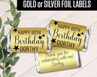 Set of 42 - Happy 60th, 70th, 80th Birthday, any age, Silver or Gold Metallic Foil Labels - Mini Candy Labels - Foil Stickers for Minis