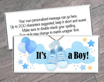 Set of 12 - Blue Shoes Boy Baby Shower Candy Bar Wrappers - Boy Baby Shower Favors for Chocolate