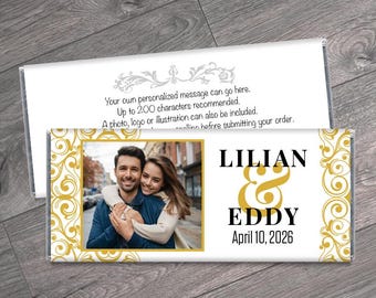 Any Color, Wedding Candy Bar Wrappers with Photo and Floral Illustration - Personalized Chocolate Wedding Favors - Set of 12