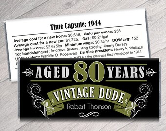 Set of 12 - Vintage Dude Candy Bar Wrappers - 80th, any age - 50th, 60th, 70th Birthday Party Favors Adult Milestone Favors  - We Print