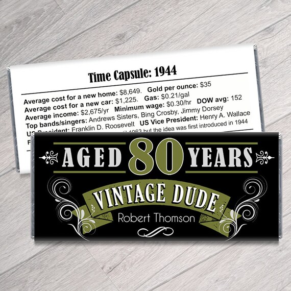 Set of 12 - Vintage Dude Candy Bar Wrappers - 80th, any age - 50th, 60th, 70th Birthday Party Favors Adult Milestone Favors  - We Print