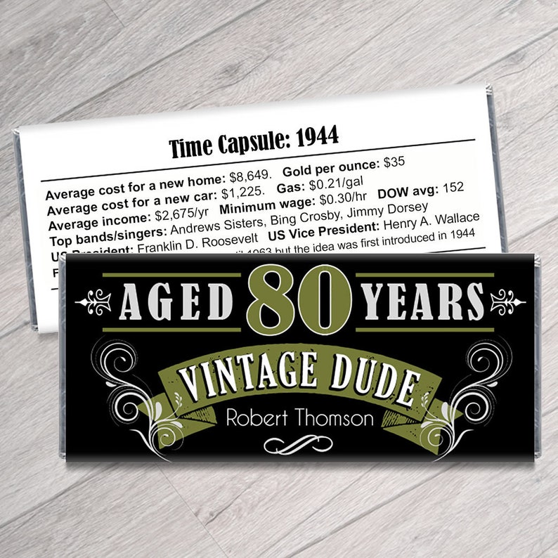 May include: A black and green chocolate bar wrapper with gold text that reads "Aged 80 Years Vintage Dude" and "Robert Thomson". The wrapper also includes a time capsule of facts from 1944, including the average cost of a new home, car, and gas prices.