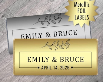 Set of 12 - Personalized Silver or Gold Metallic Foil Labels for Chocolate with Names, Date and Floral Leaf, Wedding Candy Bar Labels