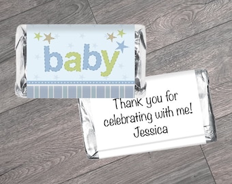 Baby Shower Mini Candy Bar Wrappers - Blue with Stripes Baby Labels for Miniature Chocolates - Baby Shower Stickers - Set of 42 #IDBBS610