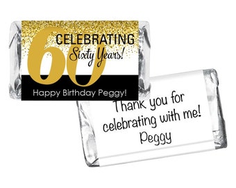 Gold Glitter Design Miniatures Candy Bar Labels - 60th Birthday Favors - 40th, 50th, 60th, 70th Any Age - Set of 42