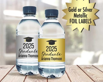 Personalized 2026 Graduate Silver or Gold Foil Graduation Water Bottle Labels, 2 x 8 Stickers for Water Bottles - Set of 10