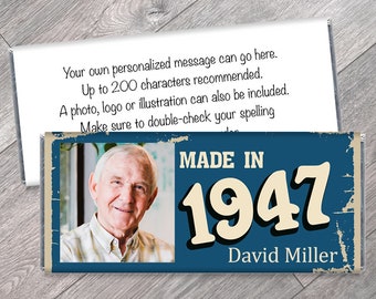 Made In Your Birth Year Candy Bar Wrappers with Photo - Adult Milestone Party Favors - Adult Milestone Wrappers - Set of 12