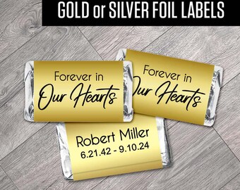 Personalized Memorial Candy Wrappers: Gold or Silver Foil Labels (Set of 42)