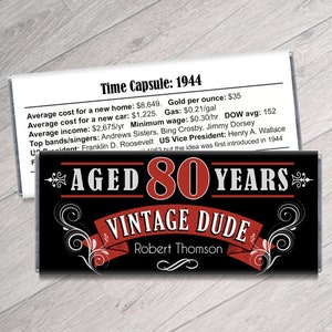 May include: A black and red chocolate bar with the text "Aged 80 Years Vintage Dude" and the name "Robert Thomson". The bar also includes a time capsule of facts from the year 1944.