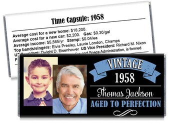 Aged to Perfection Vintage Candy Bar Wrappers with Photo - Then and Now Vintage Adult Milestone Favors 40th, 50th, 60th Any Age - Set of 12