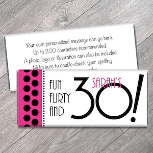 Fun Flirty and 30, any age, Candy Bar Wrappers - 30th, 40th, 50th, 60th  Adult Milestone Party Favors - Set of 12