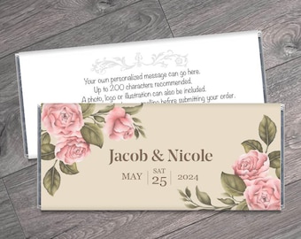 Wedding Candy Bar Wrappers with Pink Flowers - Wedding Party Favors - Wedding Wrappers for Hershey's Chocolate - Set of 12
