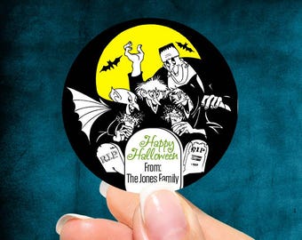 2" or 3" Round Label Personalized Monster Family Halloween Labels, Halloween Favor Bag Labels, Labels for Halloween Goodie Bags