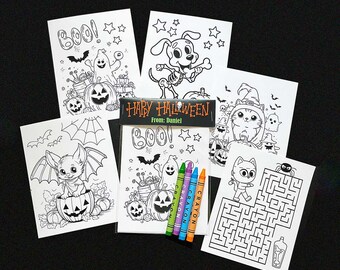 4 Coloring Pages + Maze Game and 4 Crayons - Personalize the Top - Great Halloween Hand-outs