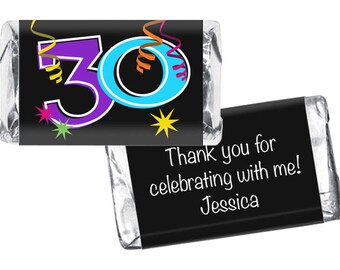 Set of 42 - Confetti Miniatures Candy Bar Labels - 30th, 40th, 50th, 60th, Any Age - Adult Milestone Birthday Favors