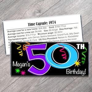 50th, any age, Streamer Candy Bar Wrappers - Adult Milestone Favors - 40th, 50th, 60th, 70th Birthday Candy Bar Wrappers - Set of 12
