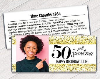 Gold, Pink, Purple, Silver Glitter, any color Fabulous Photo Candy Bar Wrappers - Adult Milestone Birthday Favors - 50th any age - Set of 12