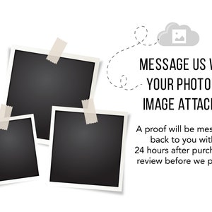 May include: Three blank photo frames with white borders and a gray background. The frames are taped to a white background. Text above the frames reads "MESSAGE US WITH YOUR PHOTO OR IMAGE ATTACHED". Text below the frames reads "A proof will be messaged back to you within 24 hours after purchase to review before we print it."