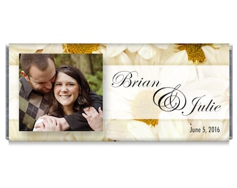 Set of 12 - Personalized Photo Daisy Wedding Candy Bar Wrappers - Chocolate Wedding Favors