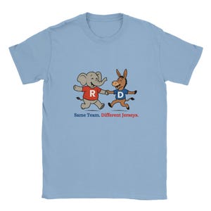 Funny Political Satire T-Shirt – Elephant & Donkey Cartoon – “Same Team Different Jerseys” Ironic Humor Tee – Gildan® 64000 Unisex Crewneck