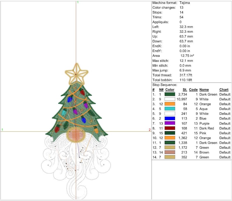 May include: An embroidery design file featuring a gnome with a dark green Christmas tree hat topped with a gold star. The gnome has a long white beard and is decorated with orange string lights and multi-colored bulbs. Technical data includes a 12.75 in&sup2; area and 14 color changes.