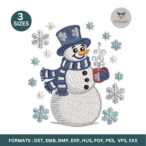 May include: Embroidered snowman design with a blue hat, scarf, and a mug of hot beverage. The snowman has a carrot nose and black button eyes. The design includes snowflakes and the text "3 SIZES".