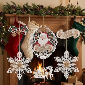 May include: A collection of Christmas decorations including a red stocking, a cream-coloured stocking, a green stocking, a circular ornament featuring Santa Claus with the text Merry Christmas, a reindeer and sleigh ornament, and two white snowflake ornaments.