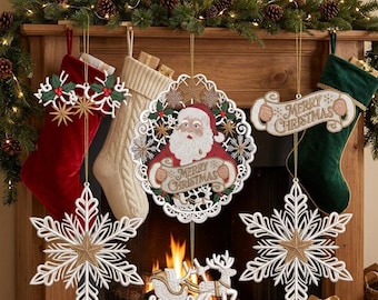 May include: A collection of Christmas decorations including a red stocking, a cream-colored stocking, a green stocking, a circular ornament featuring Santa Claus with the text Merry Christmas, a reindeer and sleigh ornament, and two white snowflake ornaments.