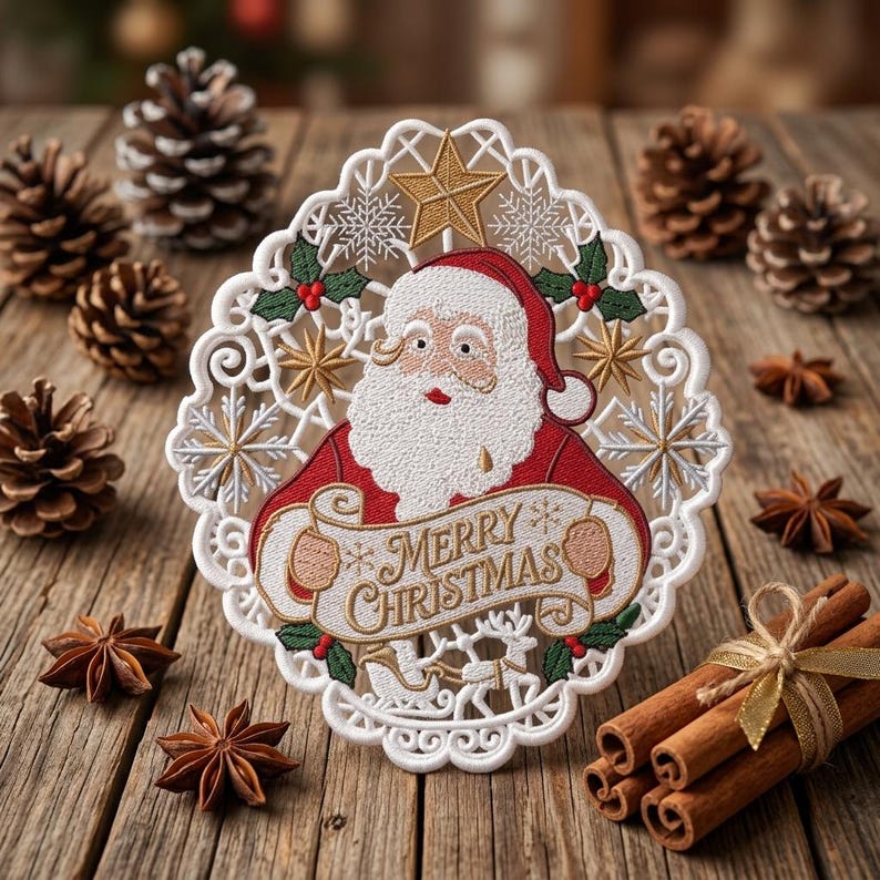 Enfeite de Natal vintage de Papai Noel em renda, design de bordado natalino ITH (download instantâneo) imagem 3