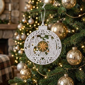 May include: A white, circular, openwork Christmas ornament featuring an intricate design of three figures, a castle, and a central gold star. The ornament is suspended by a white string and displays detailed filigree patterns throughout the frame.