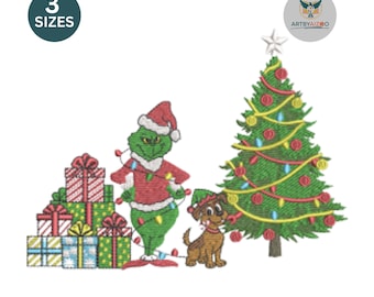 Green Face Christmas Embroidery Design | Holiday Scene with Tree & Gifts | Machine Embroidery Files