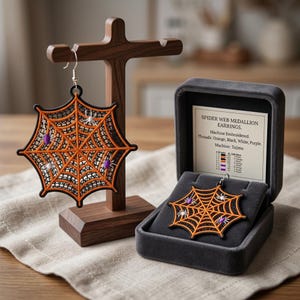 May include: Machine embroidered spider web medallion earrings featuring orange, black, white, and purple threads. One earring hangs from a wooden T-shaped stand, while the other rests in a grey velvet box with a card labeled SPIDER WEB MEDALLION EARRINGS. Machine Embroidered. Threads; Orange, Black, White, Purple. Machine: Tajima.