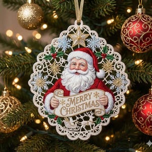 Pode incluir: Um enfeite de Natal bordado de formato oval com uma figura central de Papai Noel com barba branca e gorro vermelho, segurando uma faixa com a inscri&ccedil;&atilde;o Merry Christmas. O design inclui estrelas douradas, flocos de neve azuis e azevinho verde.