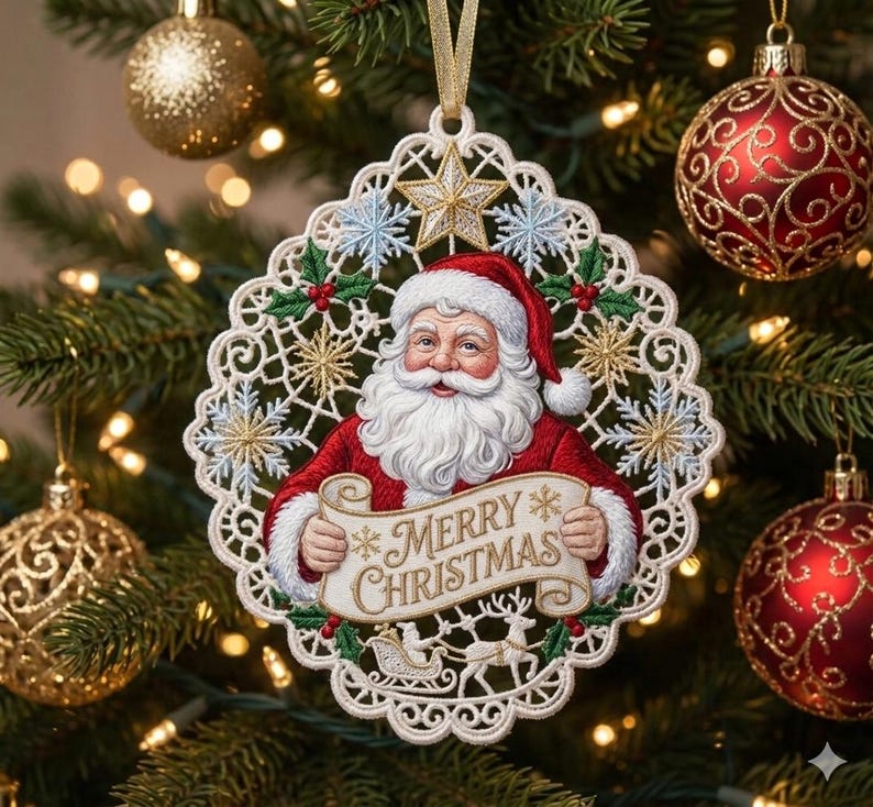 Pode incluir: Um enfeite de Natal bordado de formato oval com uma figura central de Papai Noel com barba branca e gorro vermelho, segurando uma faixa com a inscri&ccedil;&atilde;o Merry Christmas. O design inclui estrelas douradas, flocos de neve azuis e azevinho verde.
