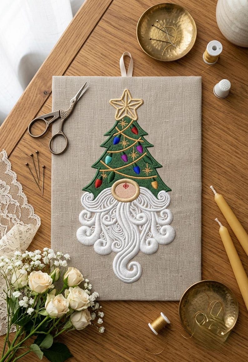 May include: A rectangular beige linen fabric panel featuring an embroidered design of a gnome with a long white swirling beard and a green Christmas tree hat topped with a gold star and decorated with colorful lights and gold star accents.
