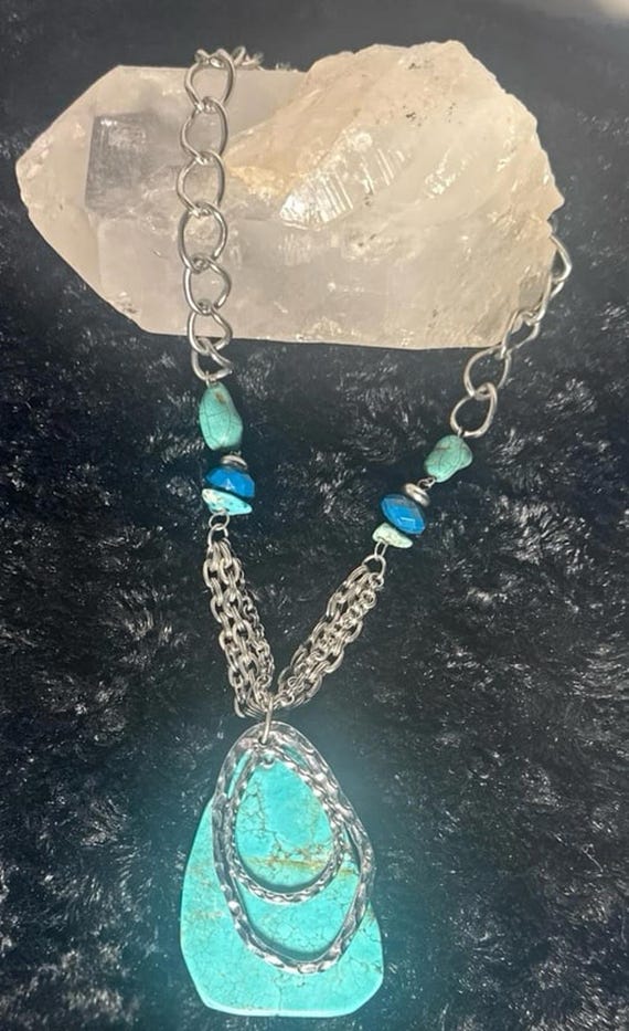 Turquoise and Silver-plated statement necklace 24… - image 4