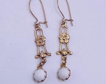 Pika and Bear Earrings  gold tone Victorian style milk glass round cabochon dangle drop