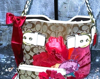 Coach Poppy 2-way Canvas Shoulder Bag Multi-color Black Red 12