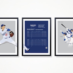 Puede incluir: Tres impresiones artísticas enmarcadas con ilustraciones de béisbol. Una muestra a un jugador de béisbol con uniforme de los Dodgers lanzando. Otra muestra un gráfico con el nombre "SHOHEI" y estadísticas. La tercera muestra a jugadores de béisbol bateando.