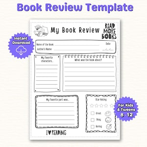 Può includere: Modello di recensione di libri in bianco e nero con il testo "Book Review Template" in viola. Il modello include sezioni per il nome del libro, l'autore, i personaggi preferiti e una valutazione a stelle. È progettato per bambini e ragazzi dagli 8 ai 12 anni.
