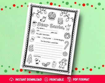 Plantilla imprimible de carta a Papá Noel para niños: linda página para colorear navideña
