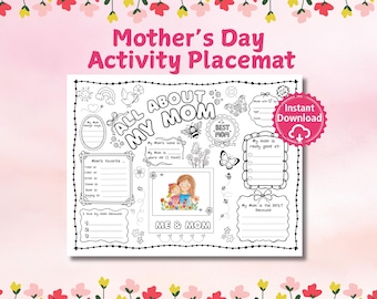 Mantel individual de actividades para el Día de la Madre para niños, imprimible "Todo sobre mamá", regalo del Día de la Madre de parte de los niños, hoja de trabajo para completar para niños, actividad para el aula.