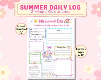 Registro diario de verano para niños / Diario imprimible de 2 minutos / Actividad veraniega divertida / Rutina diaria sin pantallas / Página de reflexión y gratitud para niños