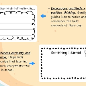 May include: A light beige educational worksheet with three sections. The top section reads "My favorite part of today was..." with lines for writing. The bottom section reads "Something I learned" with lines. Text on the left says "Reinforces curiosity and learning."
