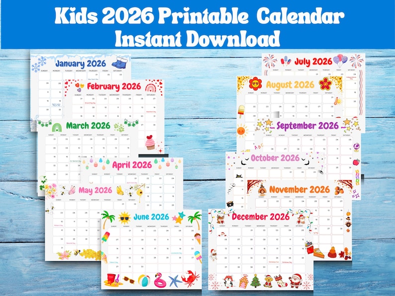 Kids 2026 Monthly Calendar Printable + BONUS Coloring Pages | Cute ...