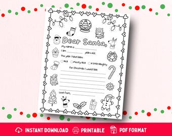 Carta navideña "Querido Papá Noel" para niños: Página para colorear de descarga instantánea