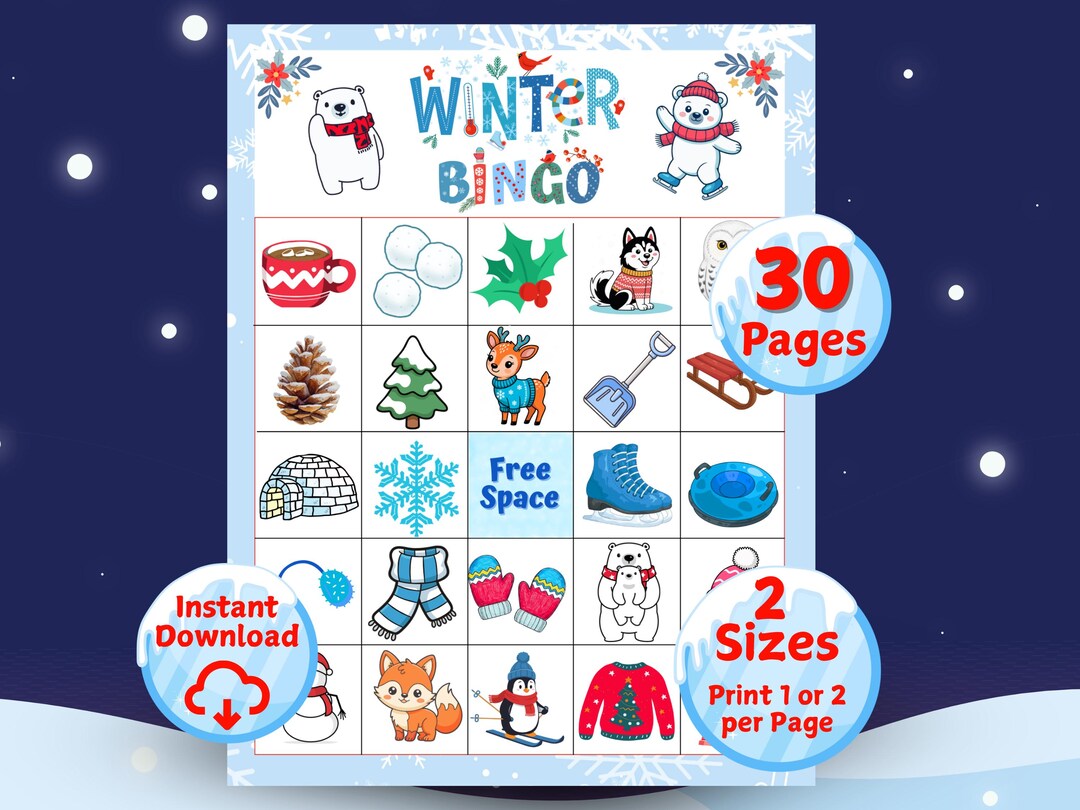 Winter Bingo Game | 30 Printable Cards | Kids Bingo Activity | Snow Day ...